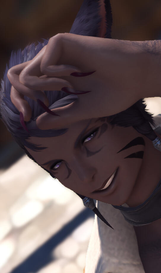 A portrait of Koh'li, depicting a dark-skinned Keeper of the Moon with dusty purple hair, lavender eyes, dark striped tattoos and long, dark claws.